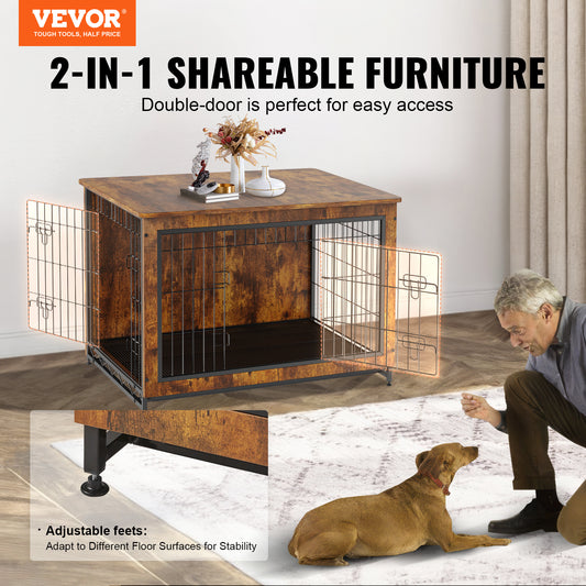 VEVOR Dog Crate Furniture, 38.6 Inch Wooden Dog Crate With Double Doors, Heavy-Duty Dog Cage End Table With Multi-Purpose Removable Tray, Modern Dog Kennel Indoor For Dogs Up To 70lb, Rustic Brown