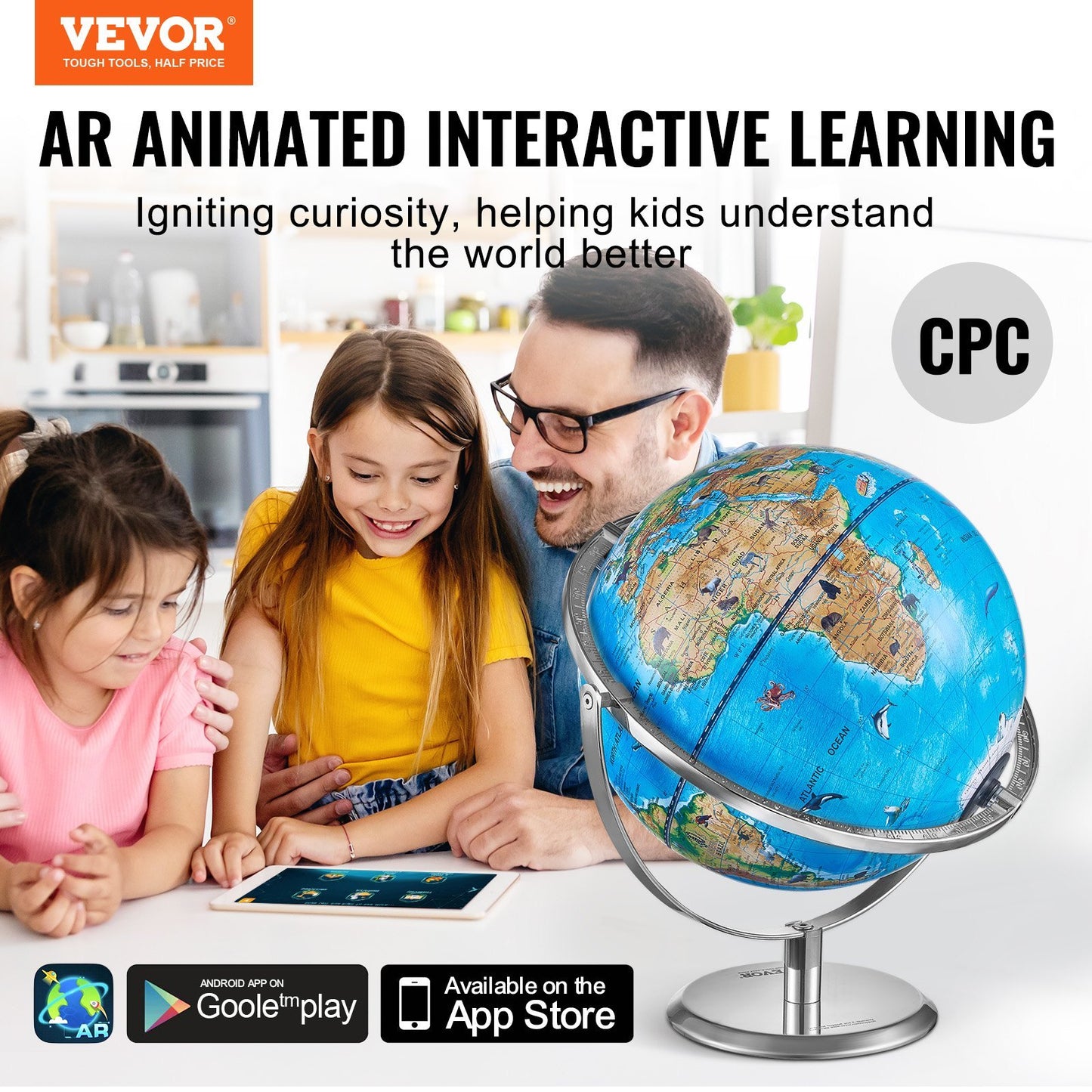VEVOR Educational Globe For Kids, Interactive AR World Globe With AR Golden Globe APP LED Night Lighting , STEM Toy Gifts For Kids Compatible With Android Or IOS Devices