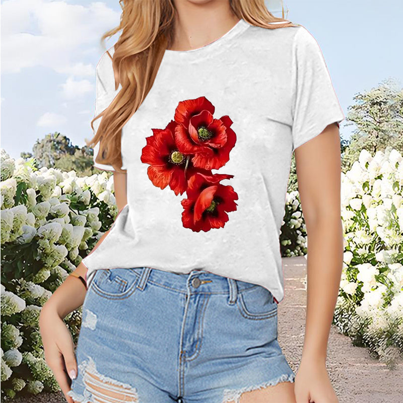 Women's Red Floral Print Round Neck Tee - Minimalist Summer Short Sleeve Top