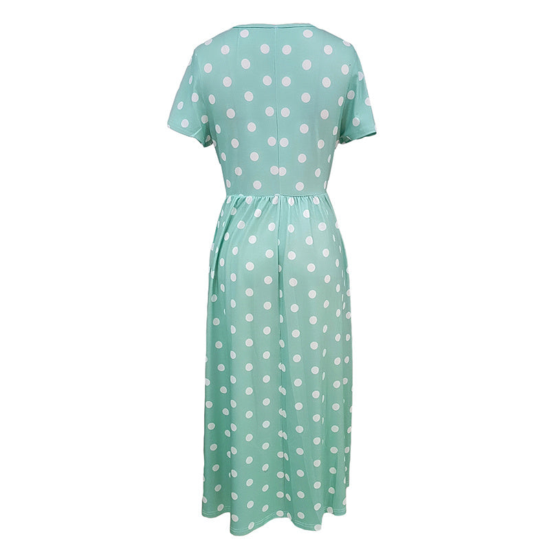 Women's Summer Short Sleeve Polka Dot Print Long Dresses Casual Beach Sundress With Pockets