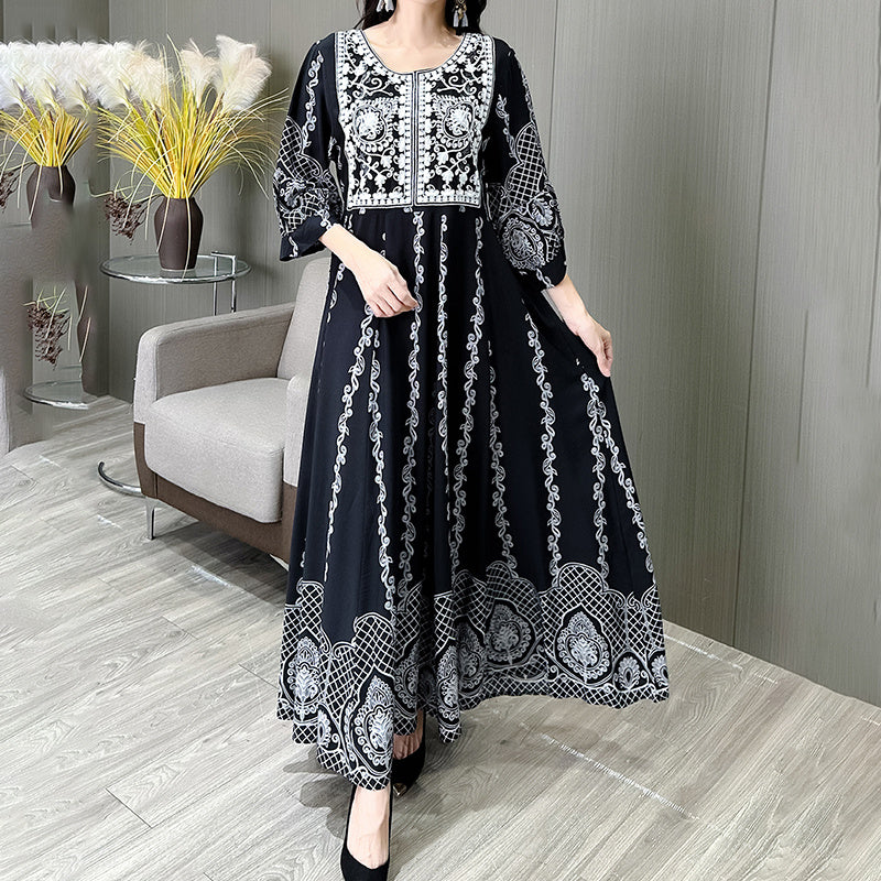 Women's Ethnic Style Floral Embroidered Dress, Elegant 3 4 Sleeve Swing Dress