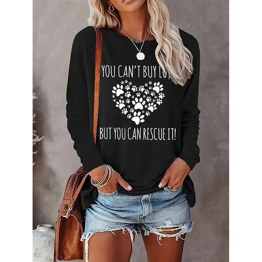 Women Paw Letter Tshirts Casual Long Sleeve Crew Neck Tee Tops Blouse