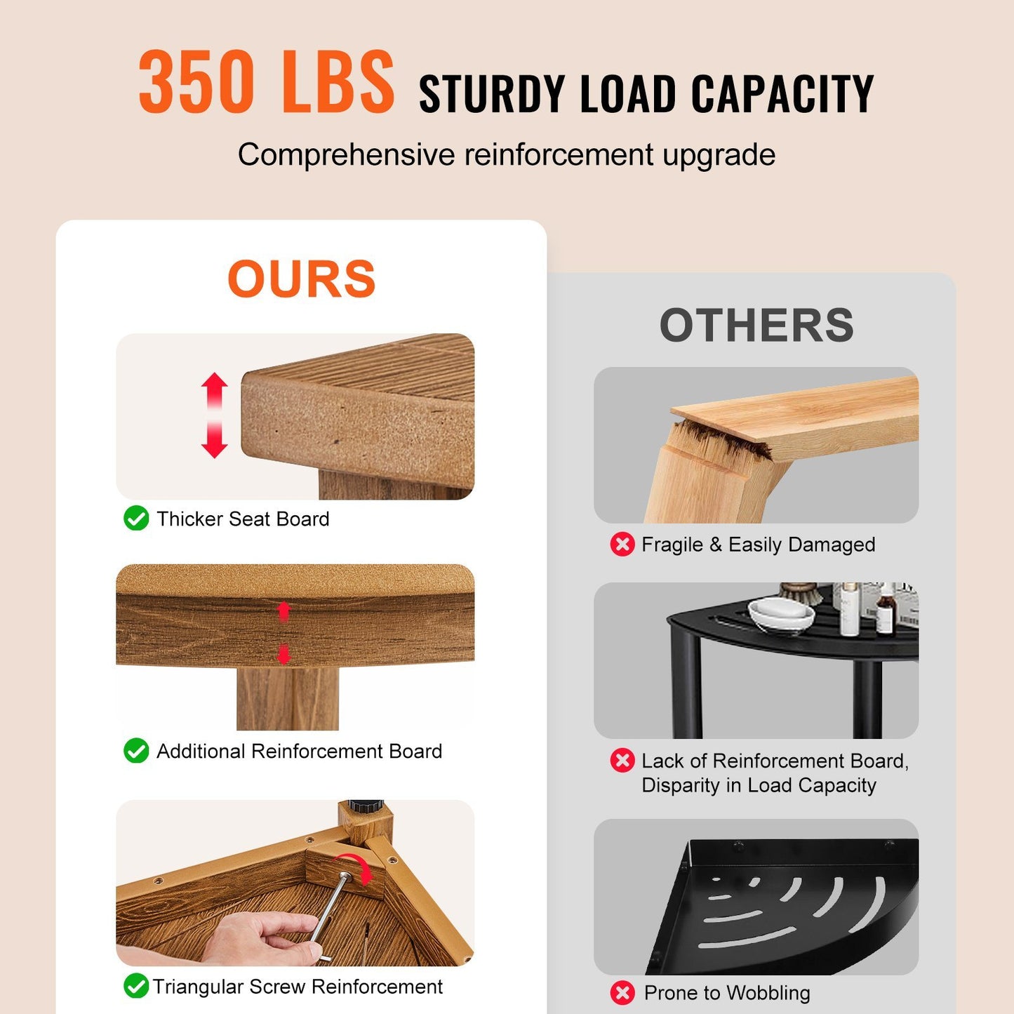 VEVOR Corner Shower Bench, Faux Wood Grain Polystyrene, 350 LBS With Storage Shelf, Water Resistant, Shower Stool For Inside & Outside Shower, For Bathroom, Living Room