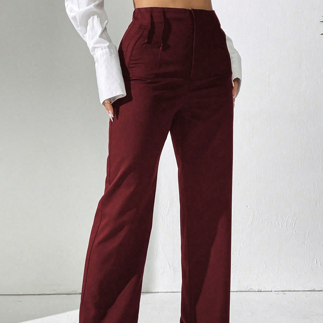 Ladies' Solid Color Elegant And Stylish Commuting Straight Leg High Waisted Wide Leg Pants
