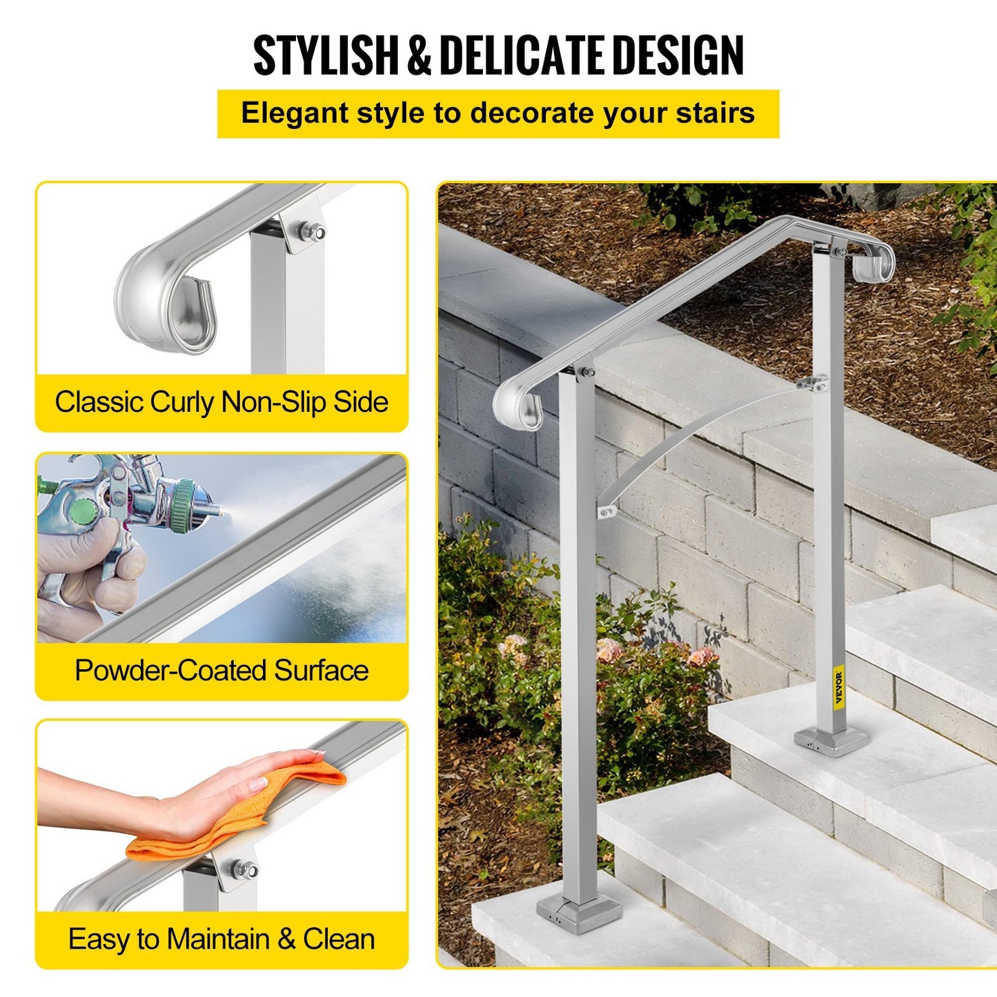 Outdoor Stair Railing, Fit 2 Or 3 Steps Alloy Metal Handrailing, Front Porch Flexible Transitional Handrail, Arch Step Rail With Installation Kit, For Concrete Or Wooden Stairs, Silver