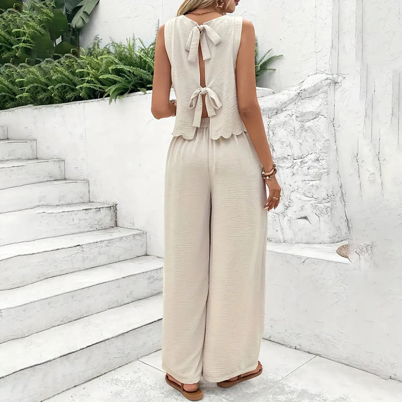 Women's Elegant 2-Piece Matching Set, Sleeveless Crop Top And Wide Leg Pants Outfits