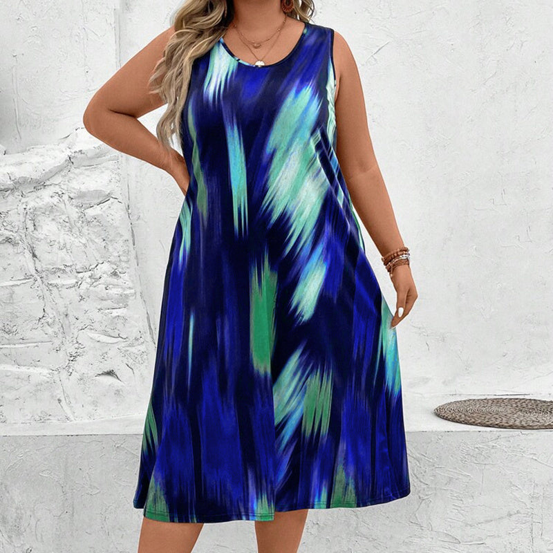 Women's Plus Size Round Neck Sleeveless Colours Print Maxi Dress - Loose Fit Long Summer Dress
