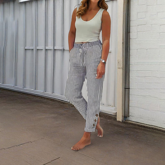 Women's Striped Elastic Waist Pants - Button Accent With Pockets, Casual Comfort Trousers For Spring&Fall