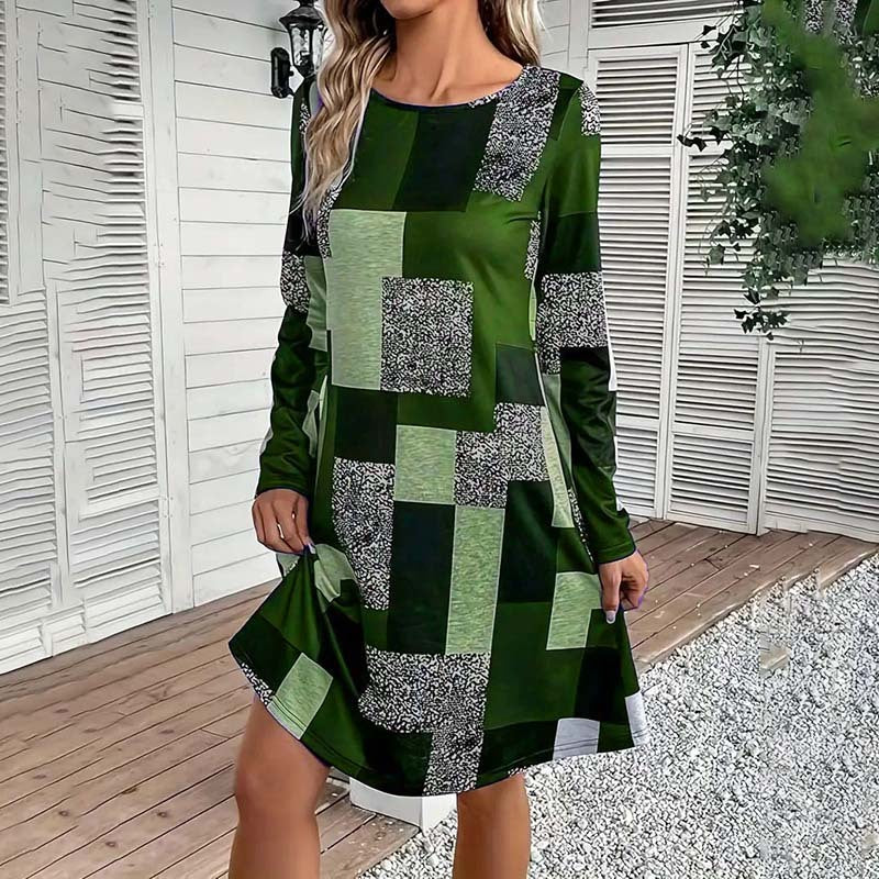 Women's Round Neck Long Sleeve Dress - Digital Print Casual Elegant Spring & Fall Dress