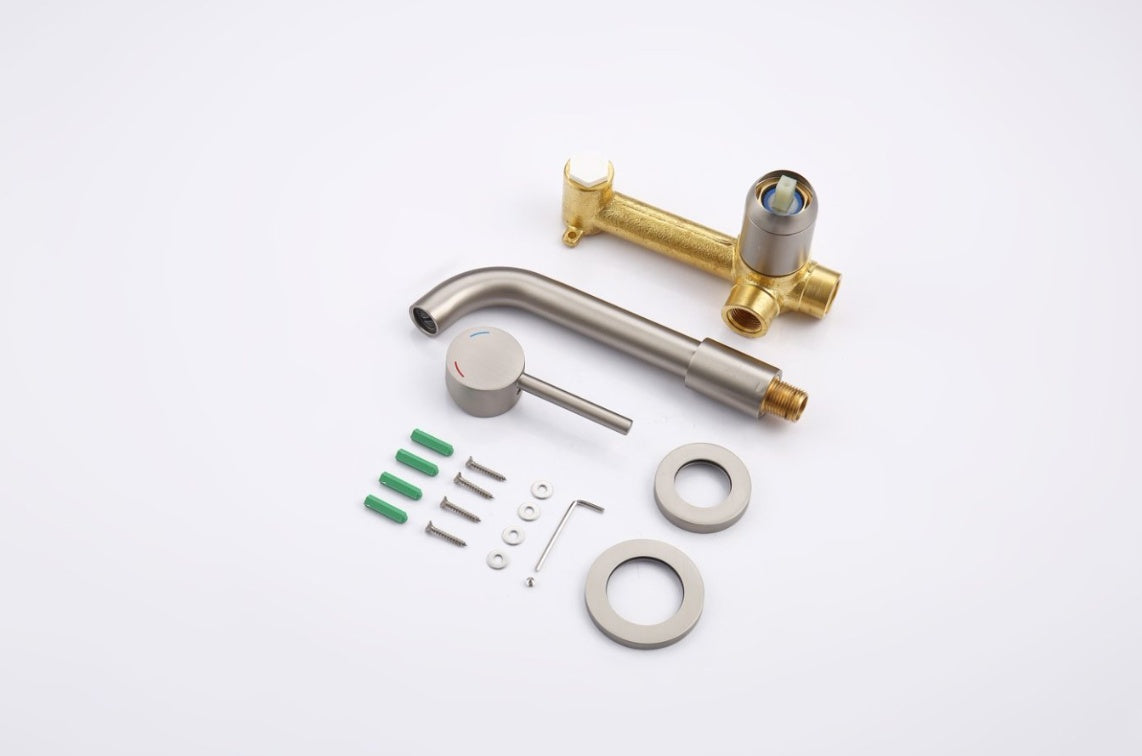 Wall Mount Faucet For Bathroom Sink Or Bathtub, Single Handle 2 Holes Brass Rough-in Valve Included, Brushed Nickel