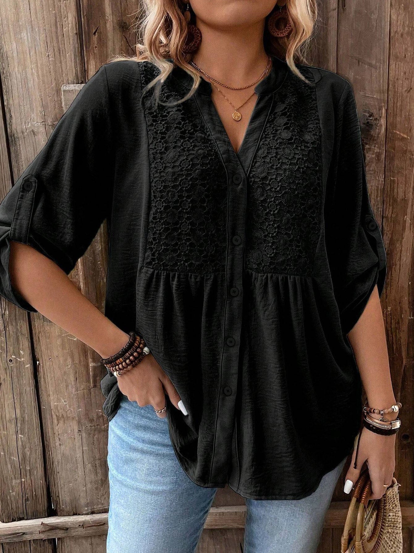 Women's Plus Size Lace Applique Vacation Shirt - Summer Casual Daily Outerwear With Roll-Up Sleeves And Button Closure