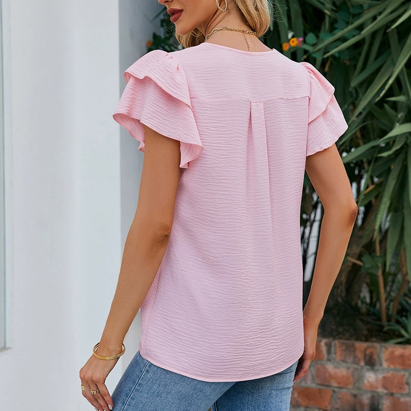 Womens Dressy Tops V Neck Flowy Ruffle Short Sleeve Shirts Elegant Business Outfits