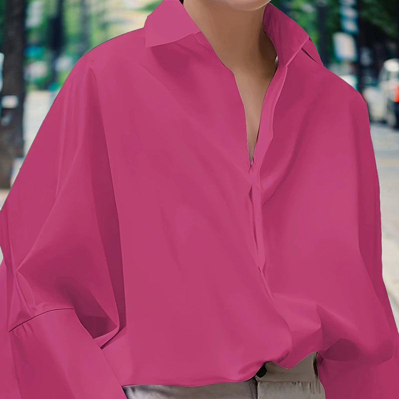 Women's Solid Color Fashion V-Neck Blouse - Puff Sleeve Button-Down Long-sleeved Shirts For Spring & Fall