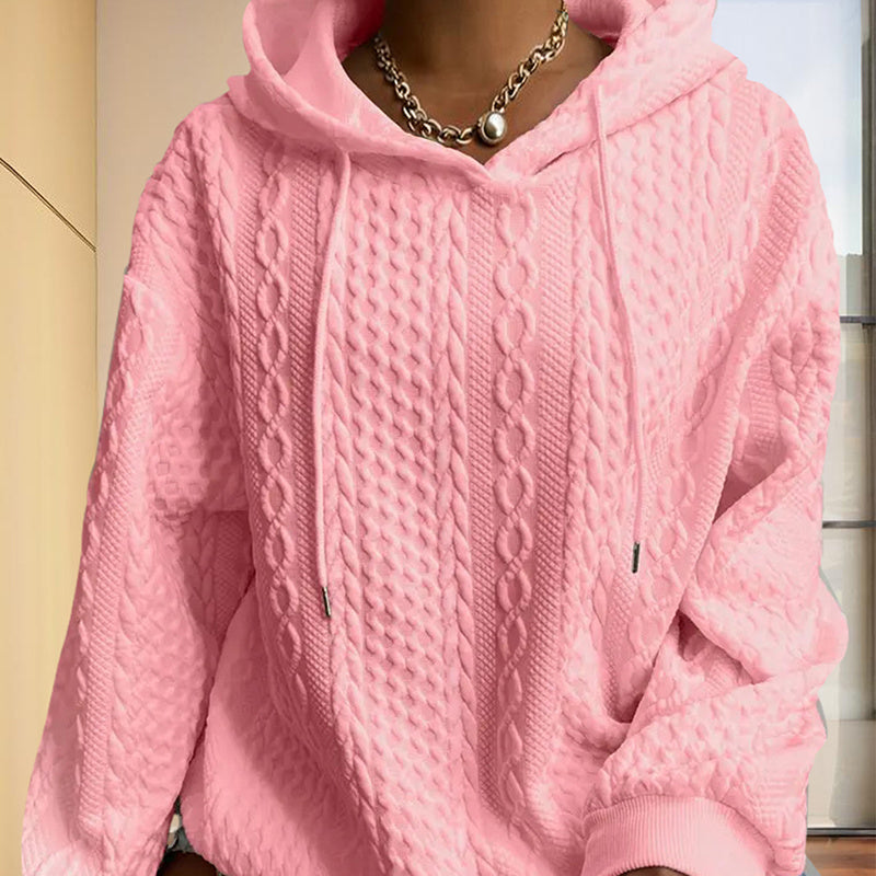 Women's Solid Color Ribbed Design Long Sleeve Hoodie - Loose Fit Drawstring Pullover For Fall & Winter Casual Wear