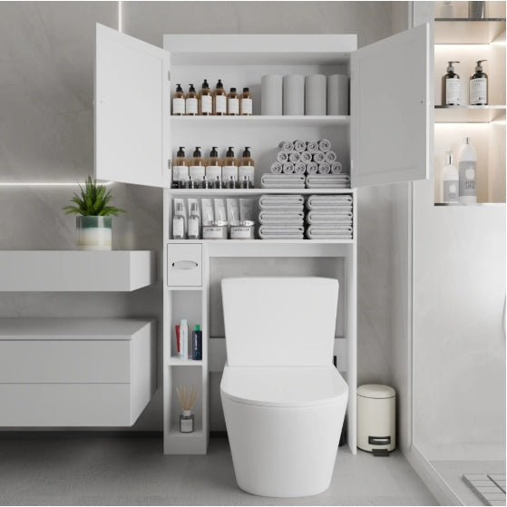 Over The Toilet Storage Cabinet With 2 Door  Home Space Saving Toilet Rack, Farmhouse Style For Bathroom, Restroom, Laundry