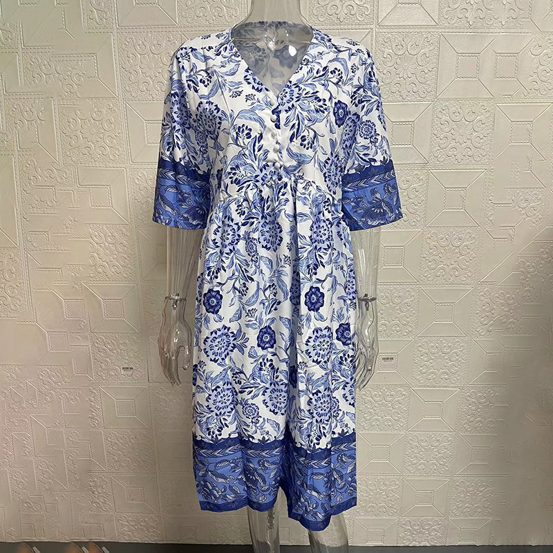 Women's Plus Size V-Neck Floral Print Dress - Loose Fit Casual Spring Summer Dress