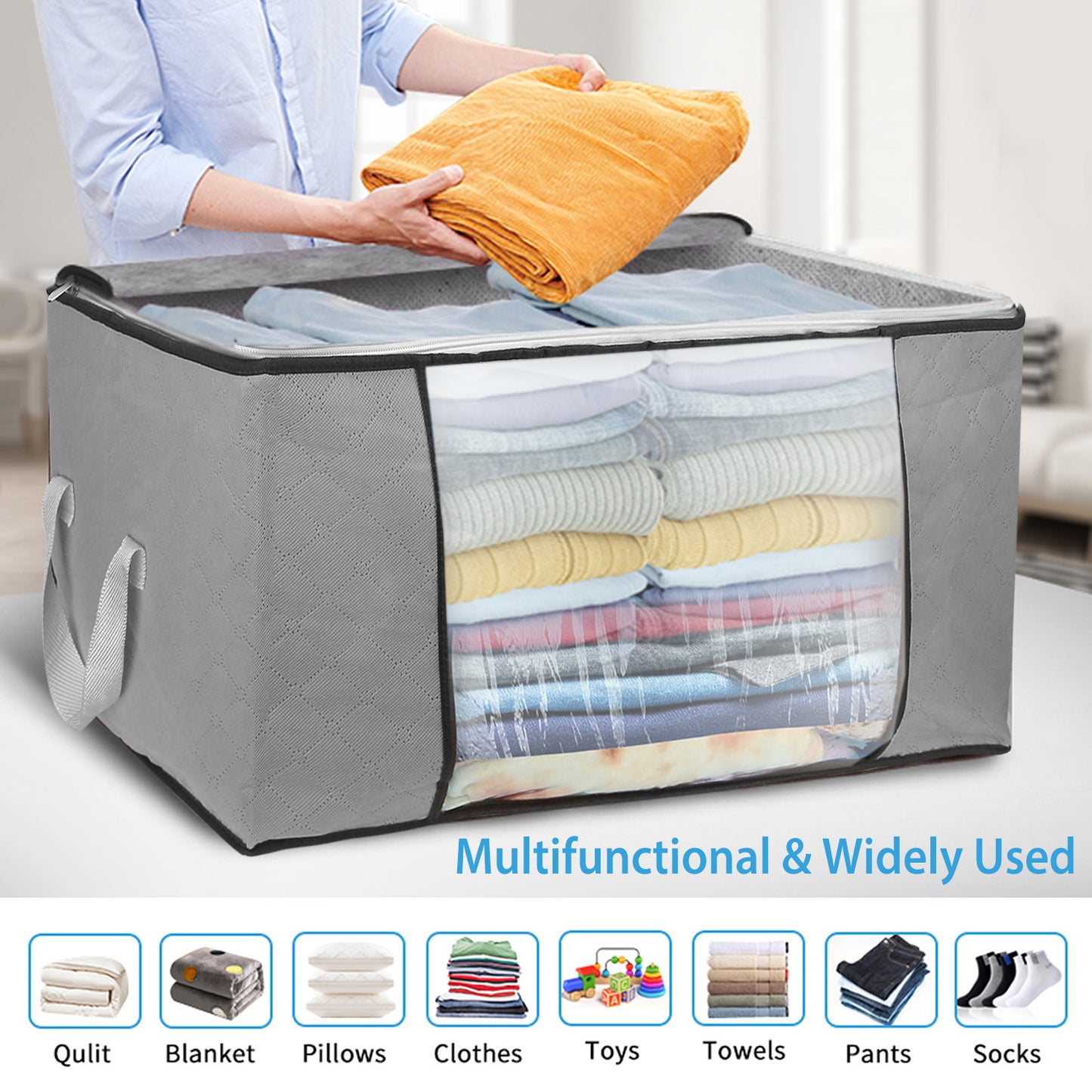 2Pcs Clothes Storage Bag 90L Per Bag With Thick Fabric Clear Window Dual-Zipper For Clothes Comforters Blankets Bedding
