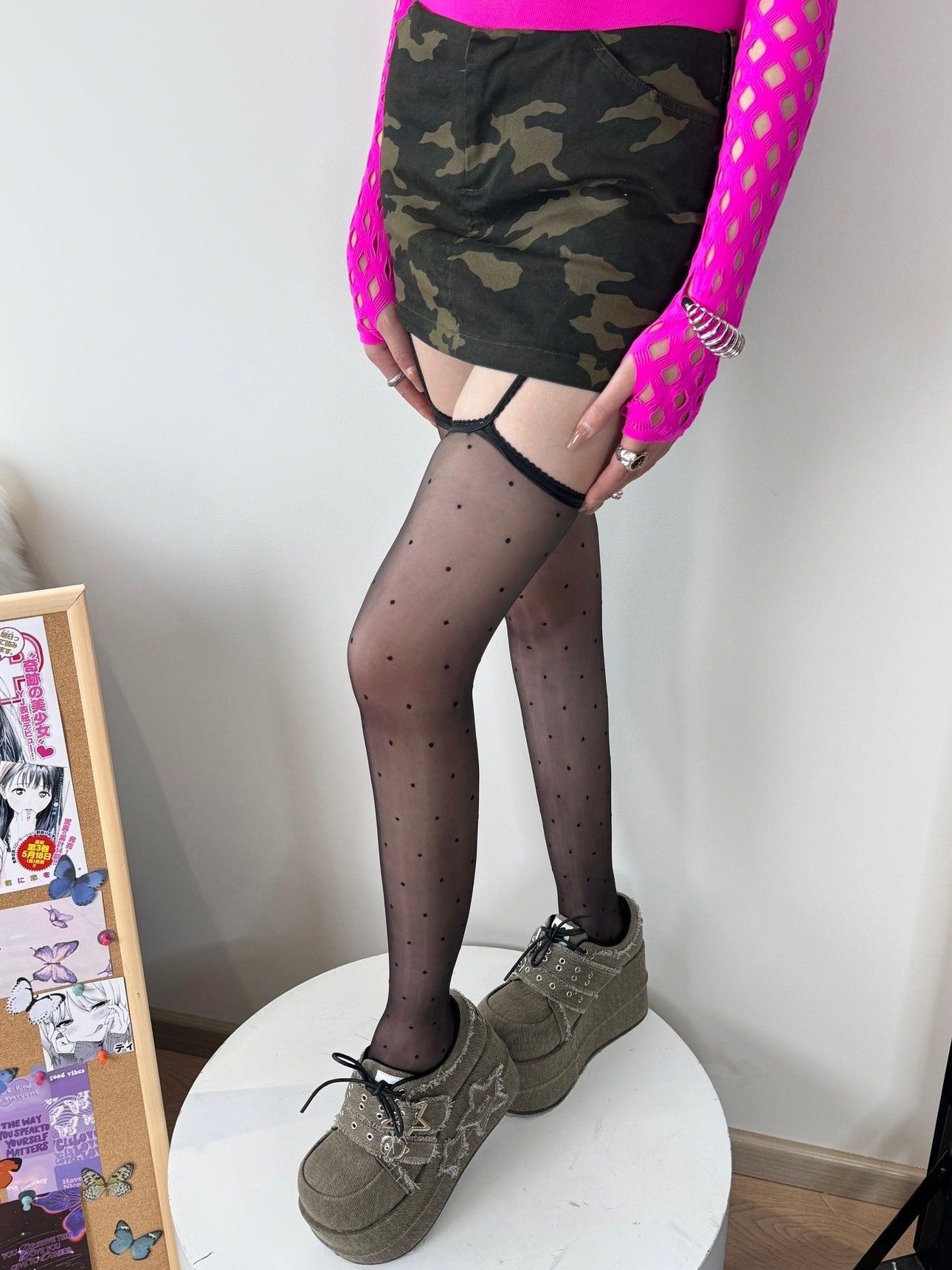 Aurora Polka Lace Shiny Suspenders Small Polka Dot Stockings