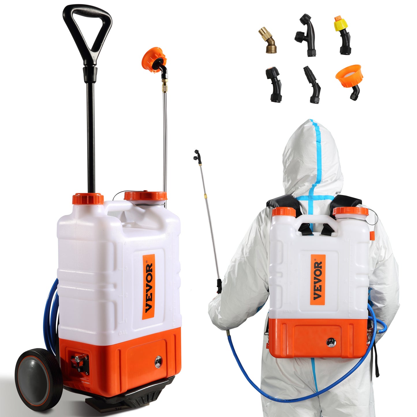 VEVOR Battery Powered Backpack Sprayer With Cart, 0-94 PSI Adjustable Pressure, 4 Gallon Tank On Wheels, With 8 Nozzles And 2 Wands, 12V 7.2Ah Battery, Wide Mouth Lid For Weeding, Spraying, Cleaning