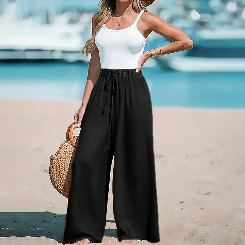 Women's Elastic High Waist Wide Leg Pants, Casual Loose Fit Trousers For Business & Everyday Wear