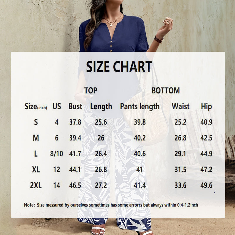 Women's Spring&Summer Elegant Long Sleeve Top & Leaf Print Pants Set - Solid V-Neck Blouse With Button Detail Flowy Trousers