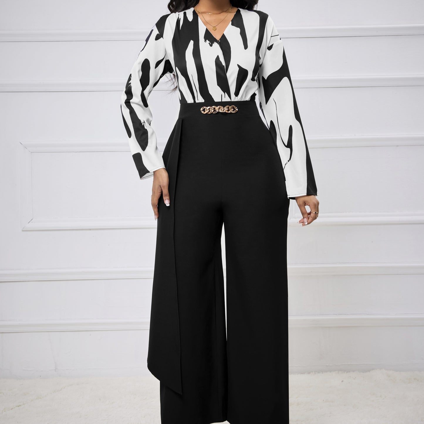 Women's V-neck Printed Waist Cinching Loose Wide Leg Jumpsuit