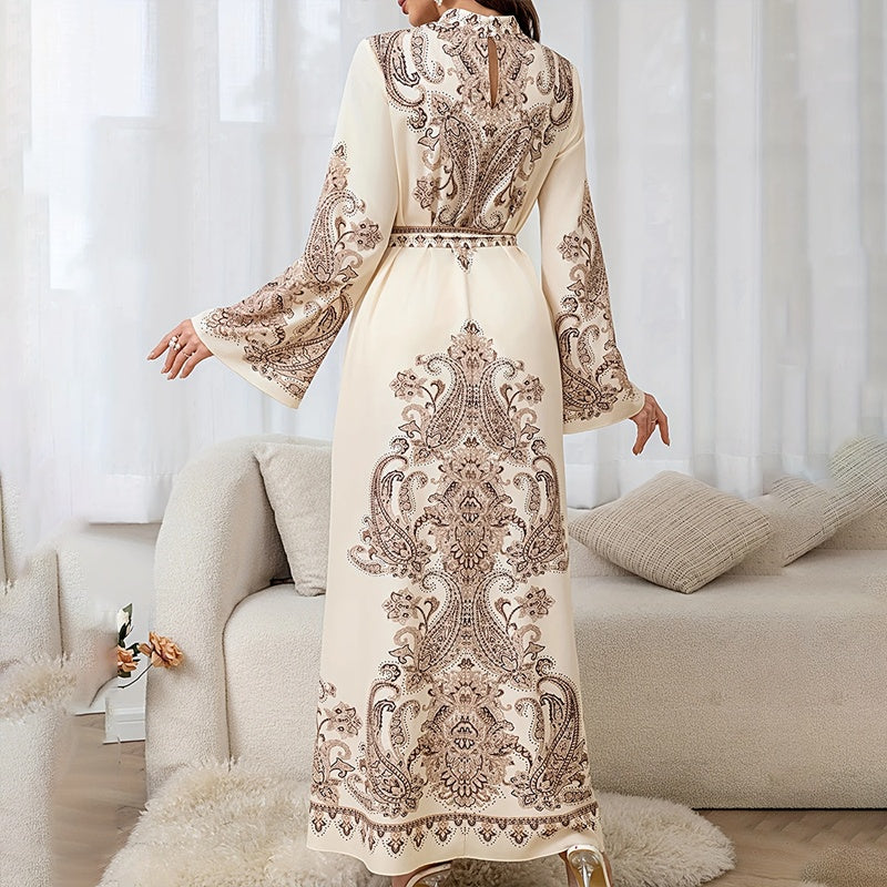 Women's Vintage High-Neck Floral Maxi Dress Loose Long Sleeve, Adjustable Waist Belt, Middle Eastern Inspired Holiday Dress Ankle-Length Gown