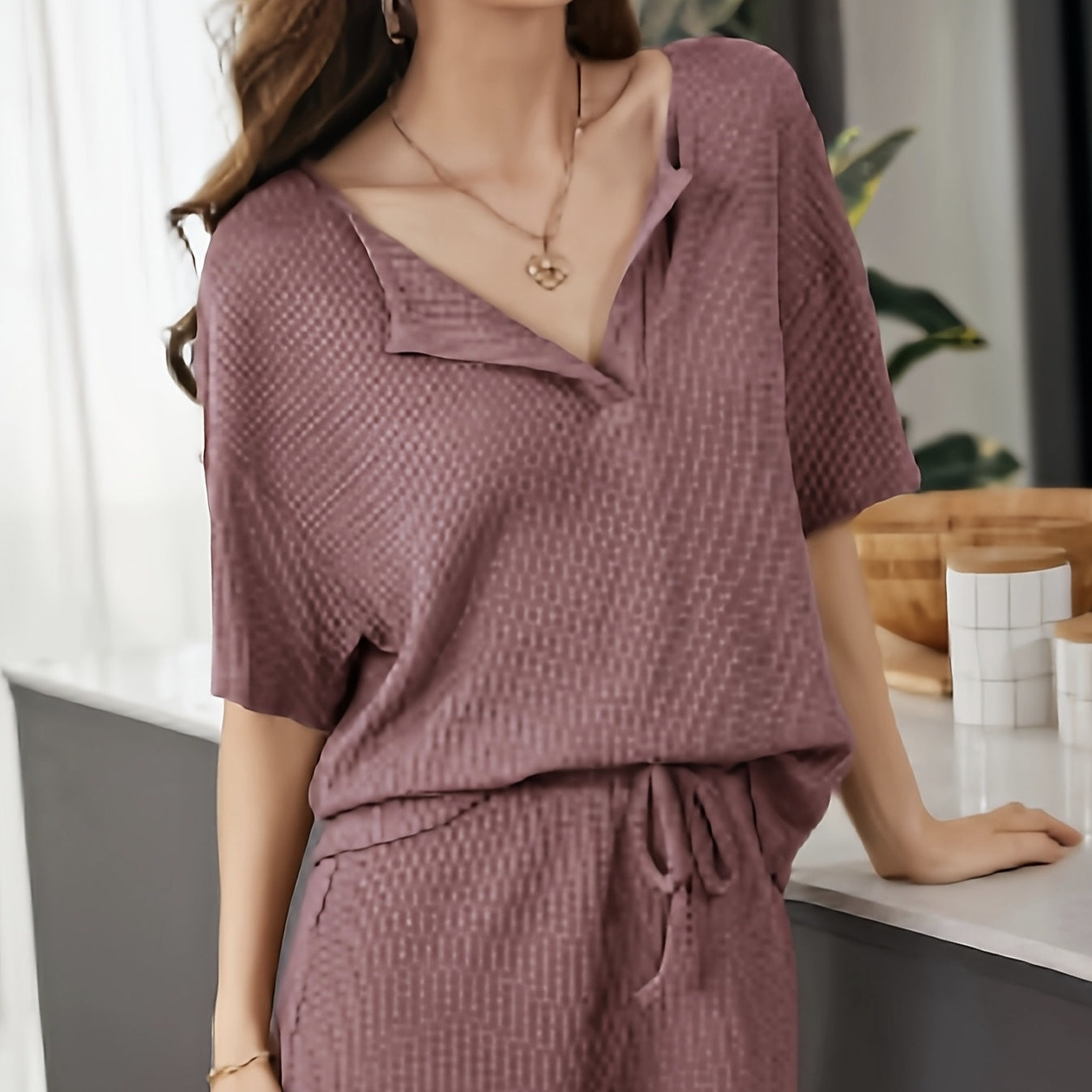 Women's Solid Color V-neck Waffle Fabric Loose Fitting Pullover Top And Waist Drawstring Home Casual Style Shorts Set