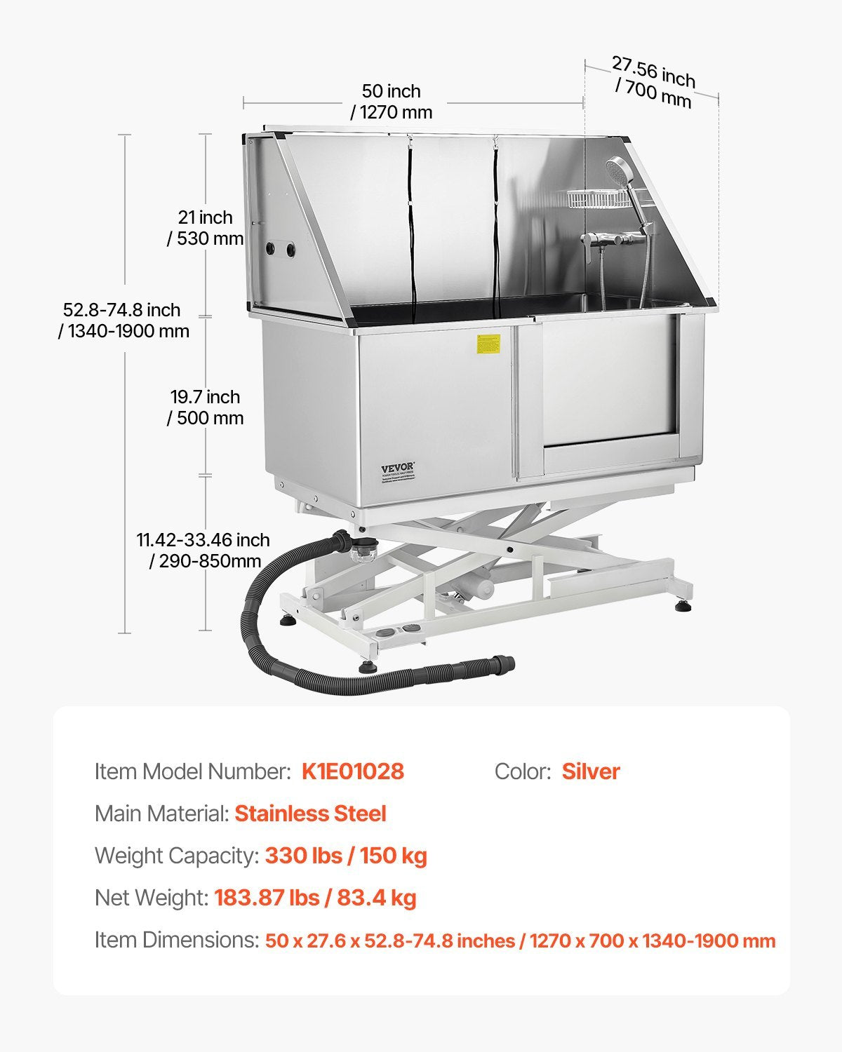 50 Inch Electric Dog Grooming Bath Tub Stainless Steel W Water Filter