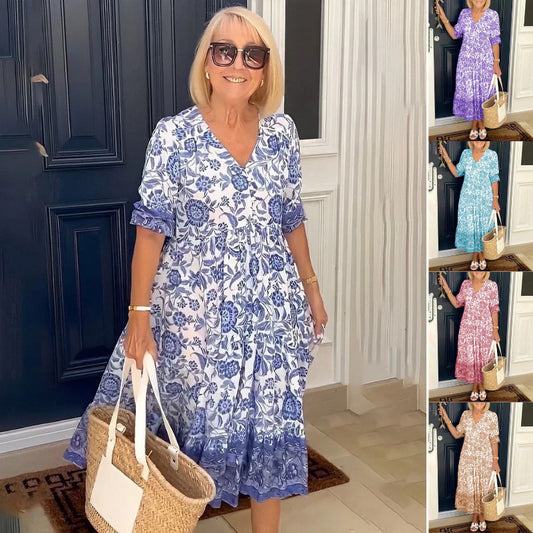 Women's Plus Size V-Neck Floral Print Dress - Loose Fit Casual Spring Summer Dress