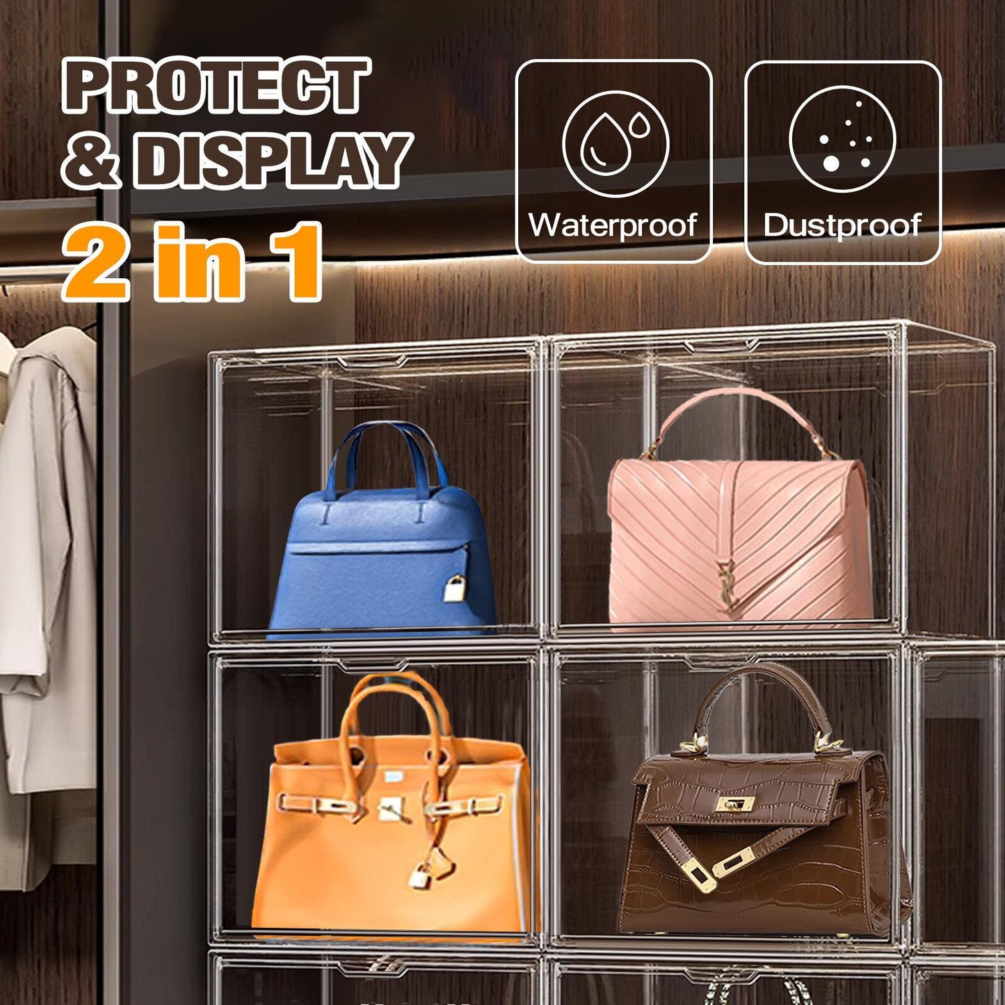 4 Oversized Acrylic Closet Purse Organizers With Lids Transparent Stackable Handbag Display And Shoe Box Storage