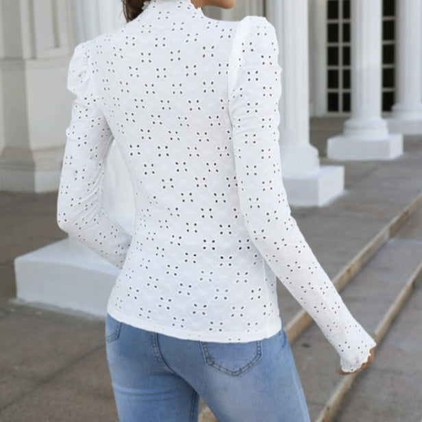 Ladies' Black Fungus Edge Collar Cuffs Hollowed Out Slim Fit Date Party Simple And Versatile Long Sleeved T-shirt