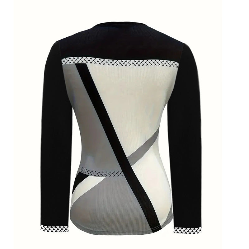 Women's Elegant Color-Block V-Neck Long Sleeve Top With Zip Detail - Spring&Fall Casual & Semi-Formal Blouse