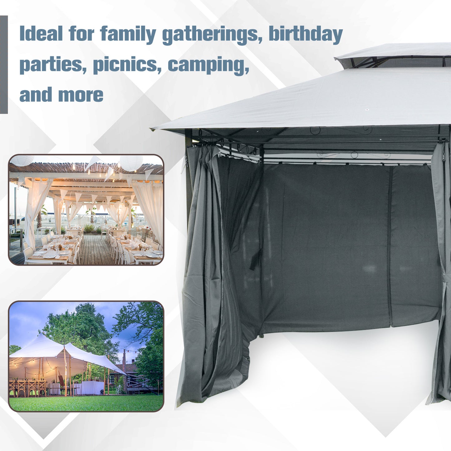 10' X 13' Outdoor Soft Top Gazebo Pergola With Curtains, 2-Tier Steel Frame Gazebo For Patio,