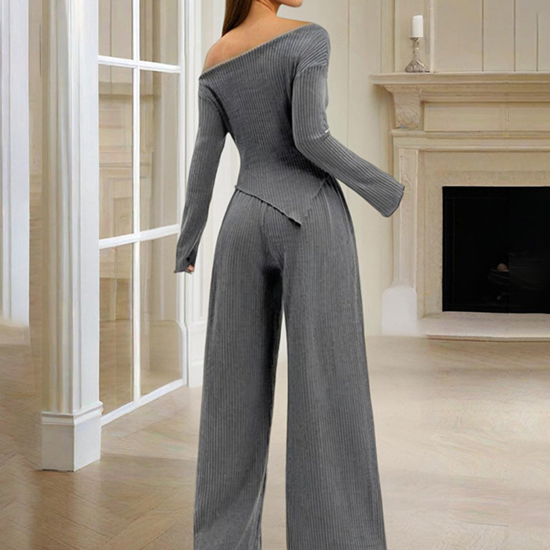 Women's Solid Color Off-Shoulder Long Sleeve Top & Pants Set - Elegant Asymmetrical Hem & Ruffes Cuff Casual Outfit