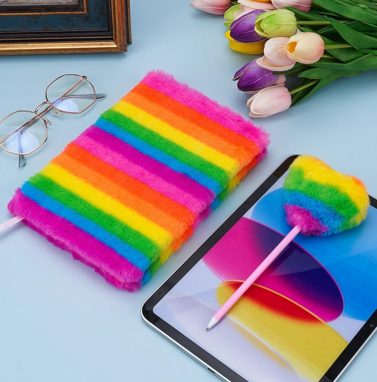 Rainbow Plush Notebook A5 Diary Can Be Used For Study And Office, Suitable For Gifts For Girls, Cute, Princess Style, Back To School Season, LGBT-1 Set
