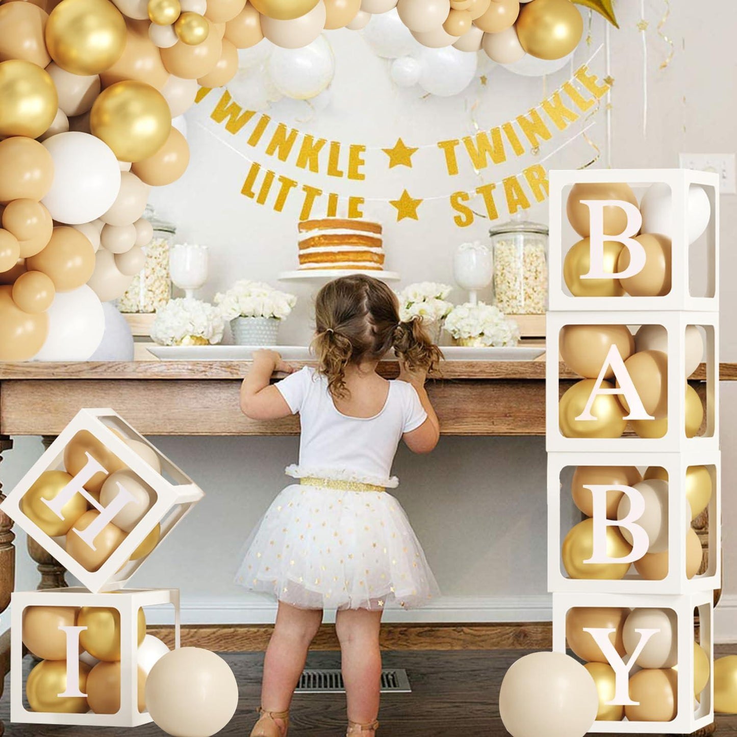 172pcs White Gold Balloon Box Decoration Set - 6 Clear Boxes, Letters & Balloons For Party, Birthday, Name Display