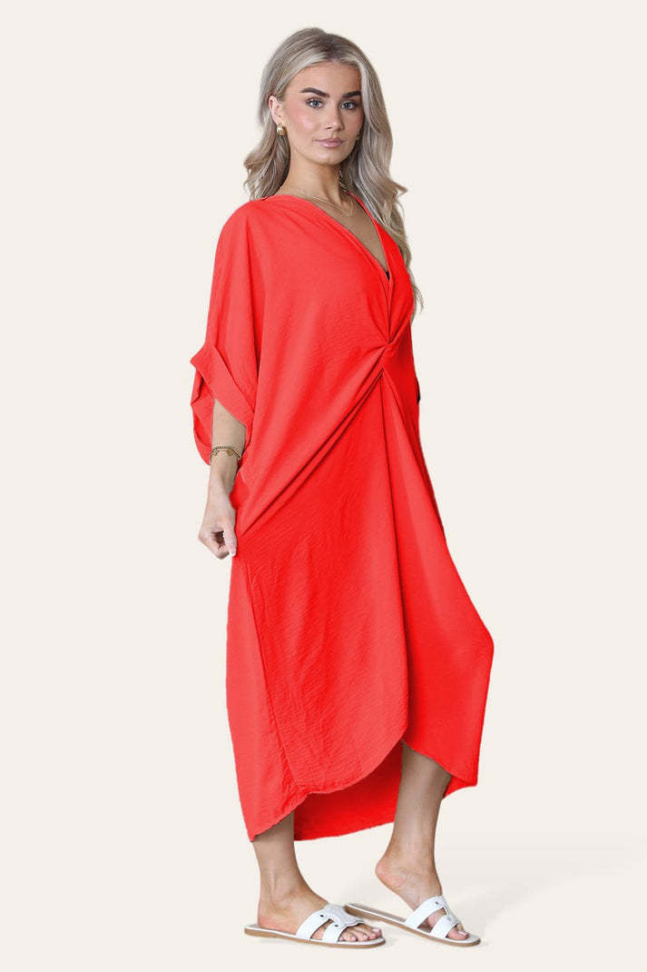 Womens V-Neck Tie Knotted Twisted Front Oversized Longline Midi Dress