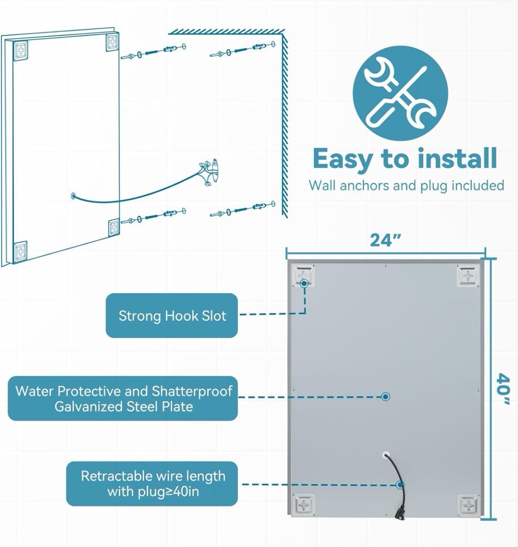 Bright LED Bathroom Mirror Front Light, 5 Mins Defog, Full HD Reflected, 3 Colors Dimmable, Wall Mounted