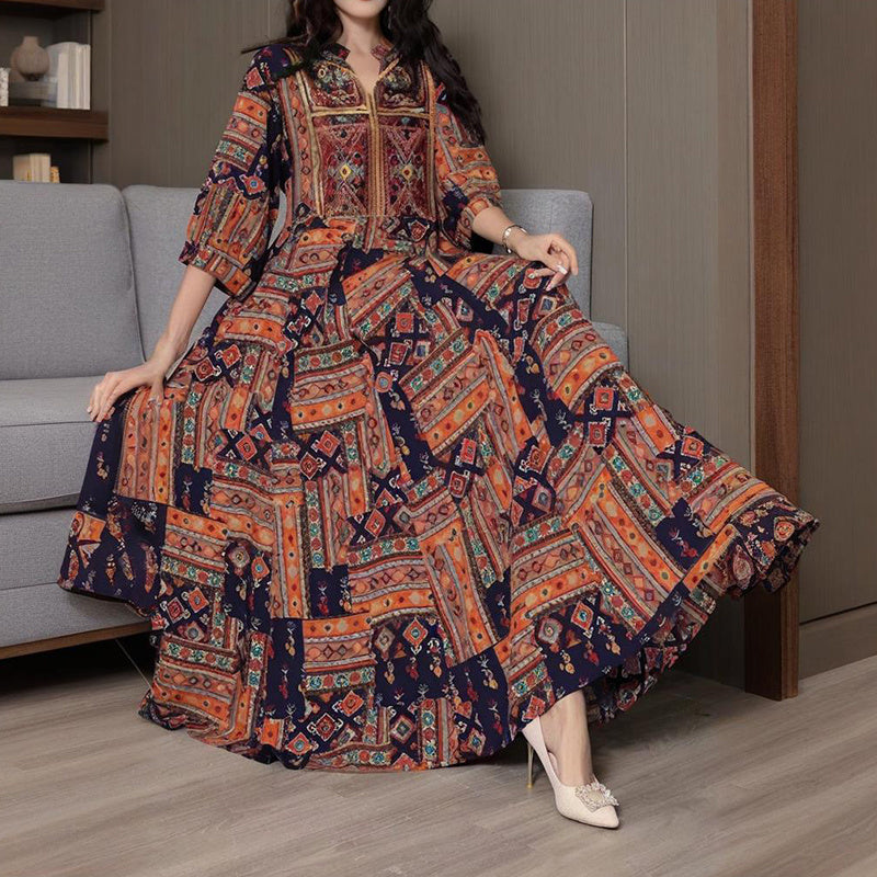 Women's Middle Eastern Style Long Sleeve Dress - Geometric Print V-Neck Embroidered Maxi Dress Boho Vacation Dress