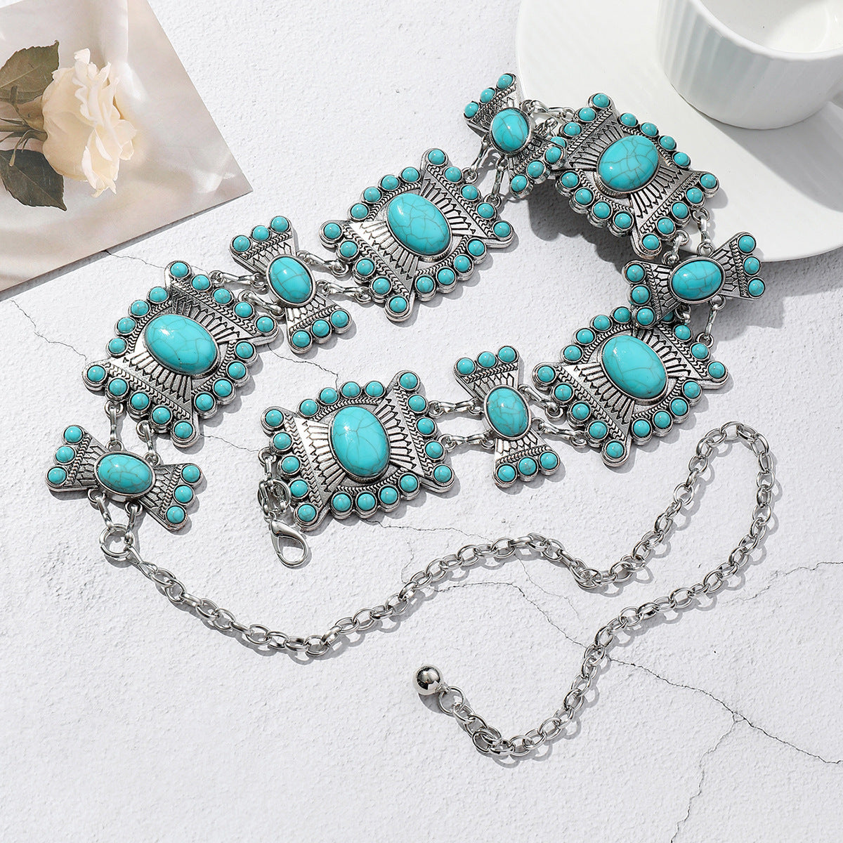 Fashionable Zinc Alloy Simple All-match Carved Turquoise Waist Chain