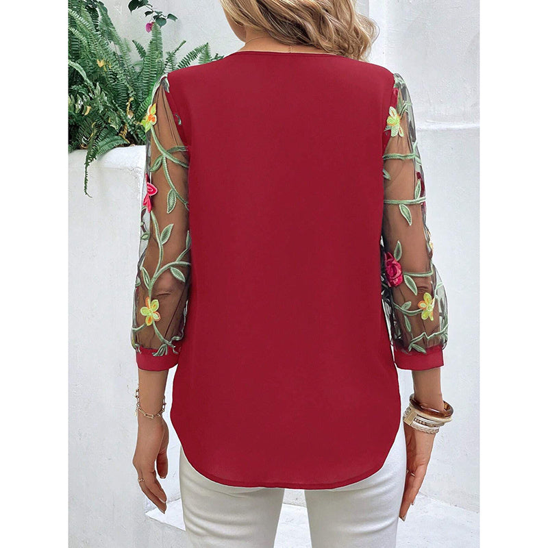 Women's Floral Embroidery Contrast Mesh Puff Sleeve Crew Neck Tee Shirt Tops