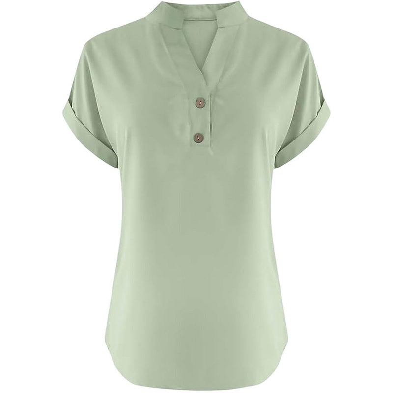 Women's Solid Color V-Neck Short Sleeve Blouse Button Detail, Summer Casual & Work T-Shirt