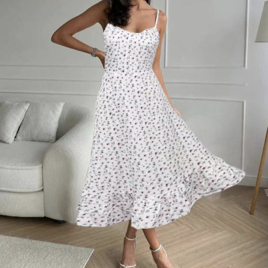 Ladies' Shallow V-neck Vacation Casual Small Floral Print Suspender Dress