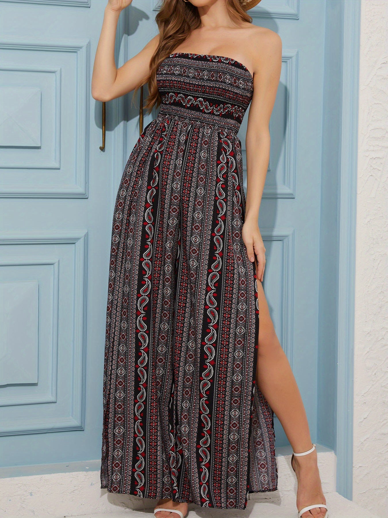 Women's Sexy Strapless Party Slit Jumpsuit - Elegant Printed Maxi Jumpsuit For Summer Date & Vacation