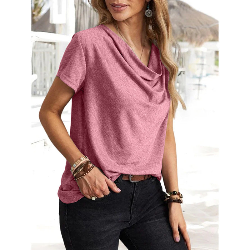 Womens Short Sleeve Cowl Neck Shirts Trendy 2025 Dressy Casual Outfits Ladies Top Blouses