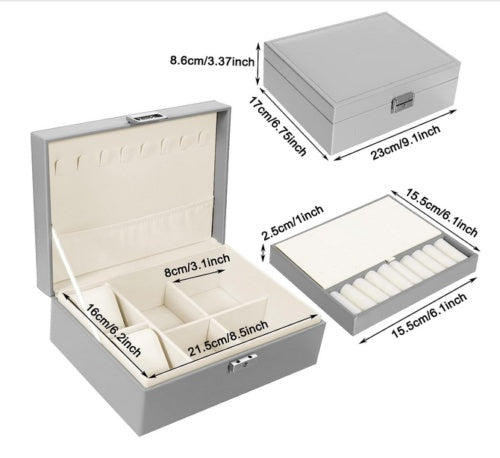 2 Layer Grey Jewellery Box Organizer Rings Necklaces Jewellry Storage Case Box