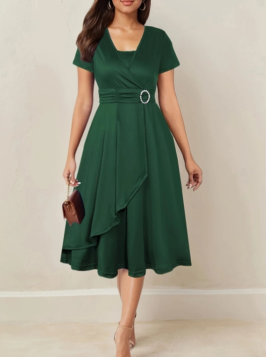Asymmetrical Hem Short Sleeve V-neck Cross Elegant Solid Color Rhinestone Dress Green