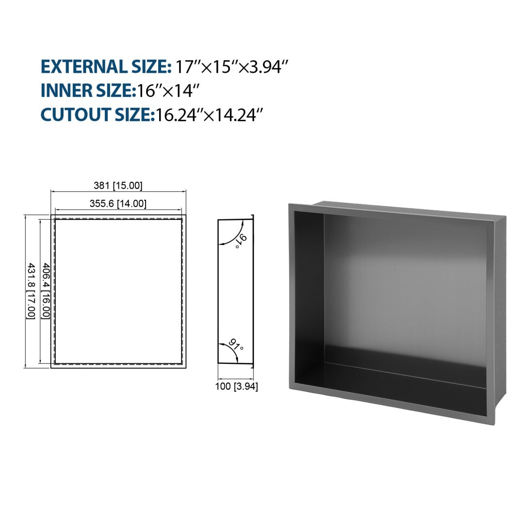 17 X 15 In Stainless Steel Shower Niche, Gunmetal Black, Waterproof, Easy Installation, Corrosion-Resistant
