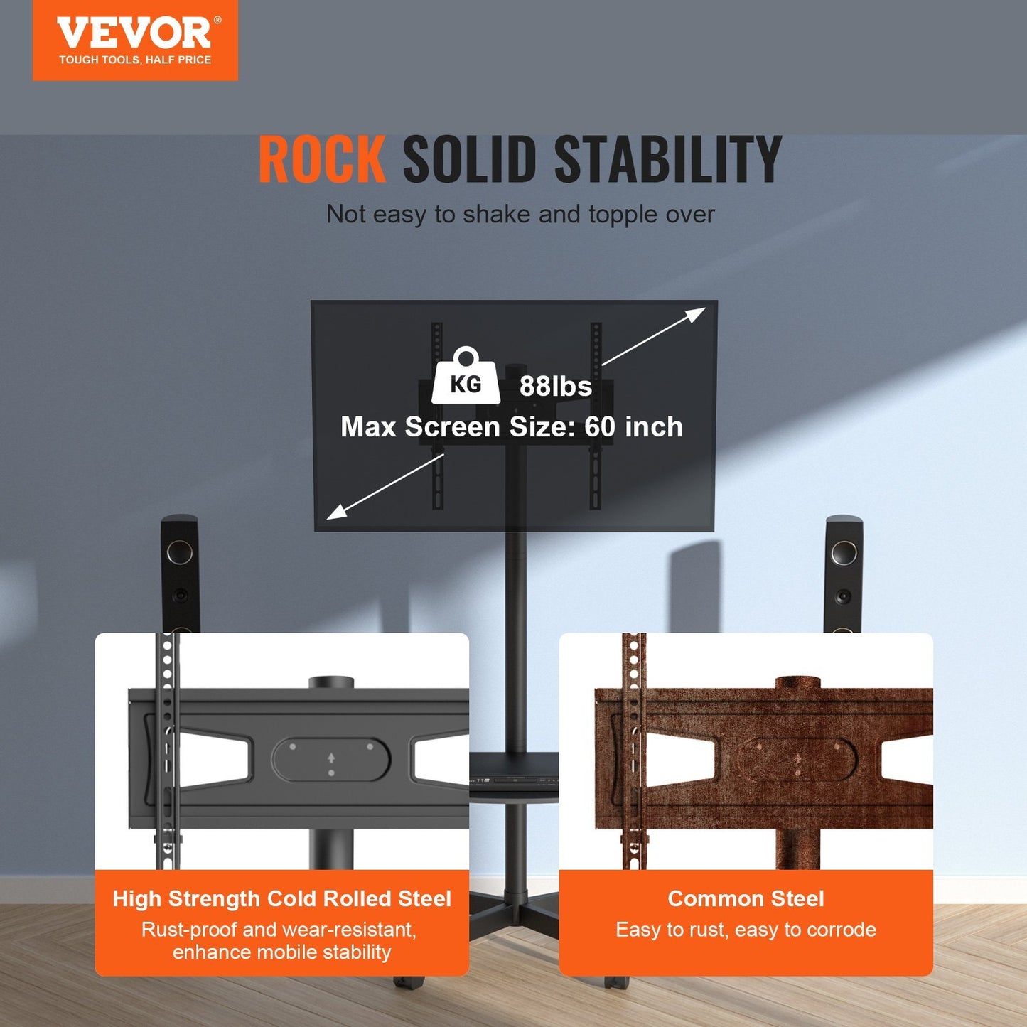 VEVOR Mobile TV Stand, Mobile TV Cart For 23 To 60 Inch TVs, Height Adjustable Portable TV Stand With Wheels, With A Tray For Audio-Visual Devices, Rolling TV Stand With Mount For Bedroom, Living Room